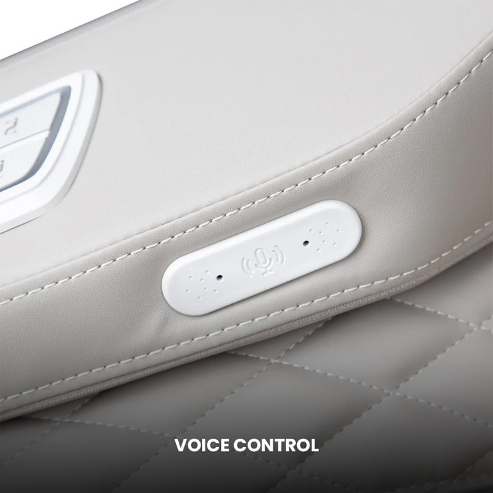 Osaki Kairos Duo 5D+4D Massage Chair voice control button integrated into armrest.