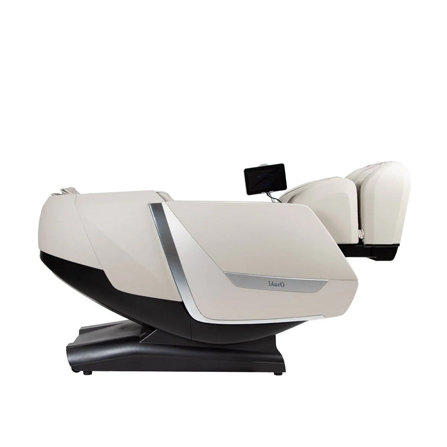 Osaki Kairos Duo 5D+4D Massage Chair in Taupe with extended position side view.