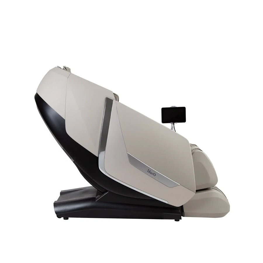 Osaki Kairos Duo 5D+4D Massage Chair in taupe reclined into zero gravity position side view from Wish Rock Relaxation.