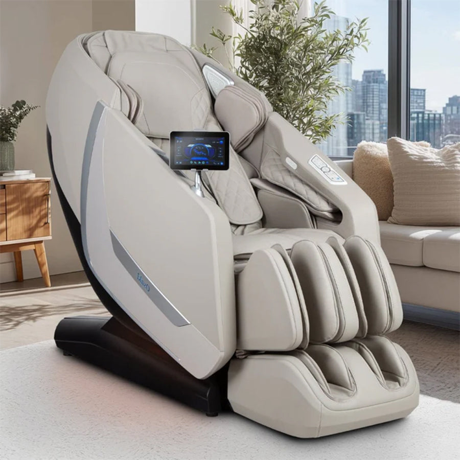 Osaki Kairos Duo 5D+4D Massage Chair in taupe placed in a modern living room with city view from Wish Rock Relaxation.