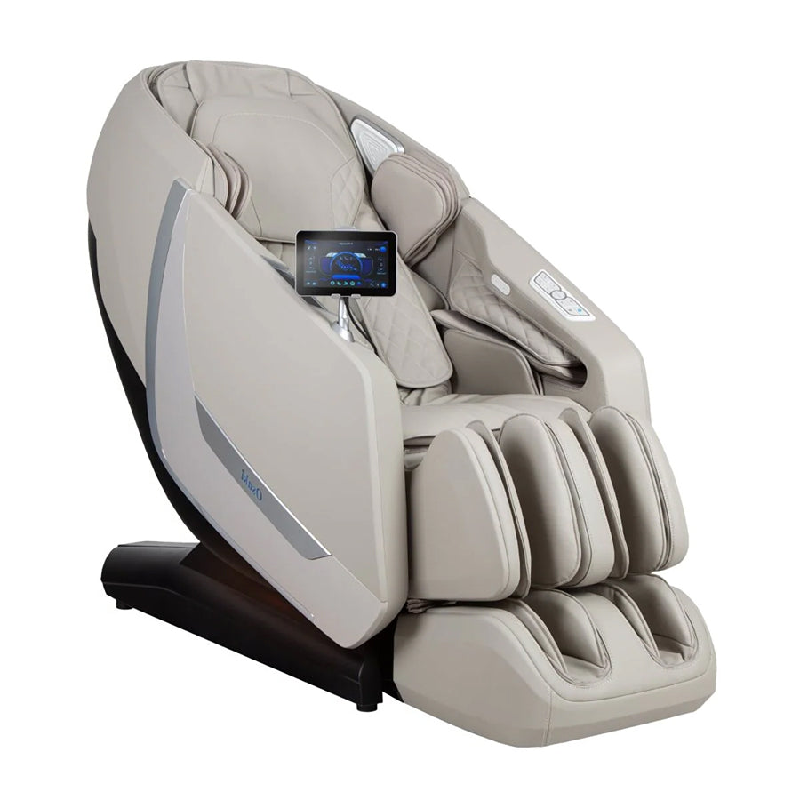 Osaki Kairos Duo 5D+4D Massage Chair in taupe angled view with touchscreen tablet controller.