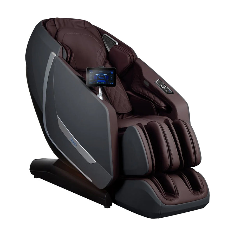 Osaki Kairos Duo 5D+4D Massage Chair in dark brown angled view with touchscreen tablet controller.
