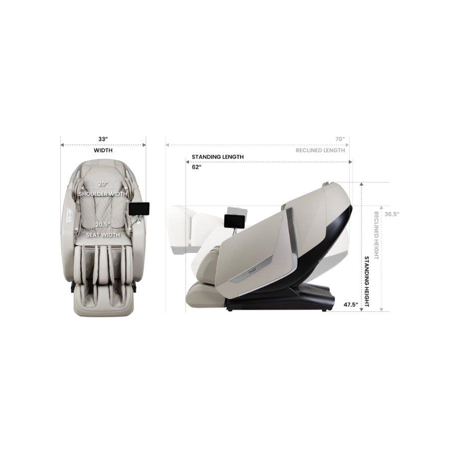 Osaki Kairos Duo 5D+4D Massage Chair dimension chart showing width, length, and height measurements from Wish Rock Relaxation.