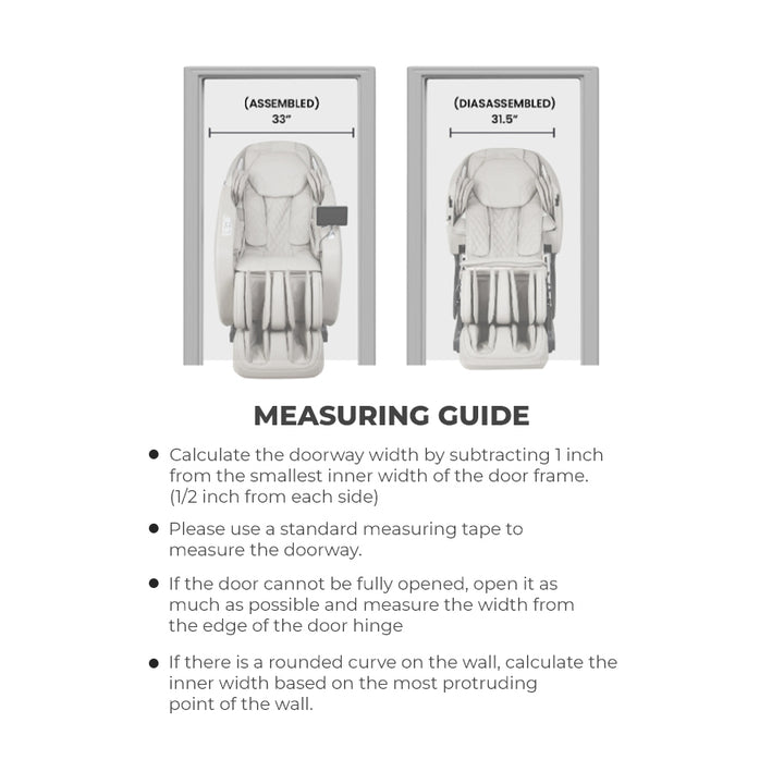 Osaki Kairos Duo 5D+4D Massage Chair measuring guide for doorway clearance, assembled and disassembled from Wish Rock Relaxation.
