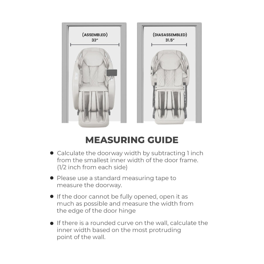 Osaki Kairos Duo 5D+4D Massage Chair measuring guide for doorway clearance, assembled and disassembled from Wish Rock Relaxation.