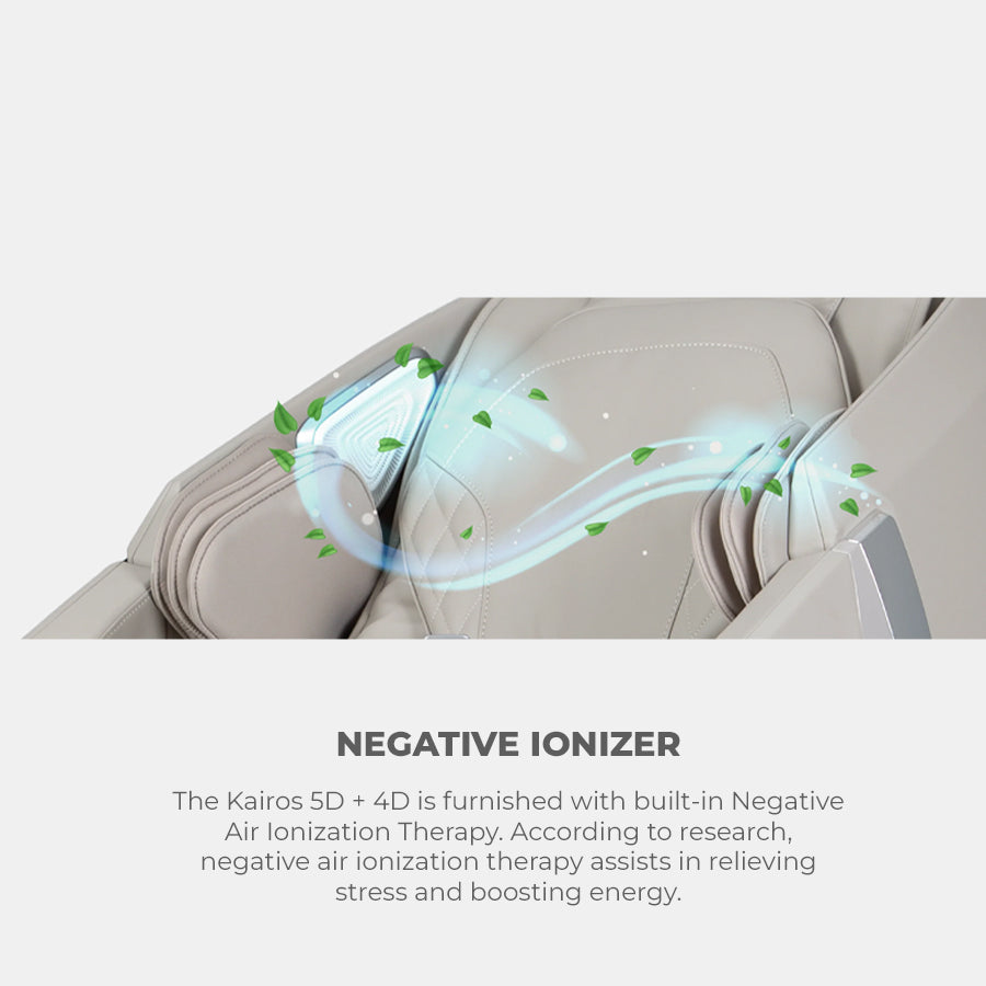 Osaki Kairos Duo 5D+4D Massage Chair with built-in negative ionizer for stress relief and energy boost from Wish Rock Relaxation.