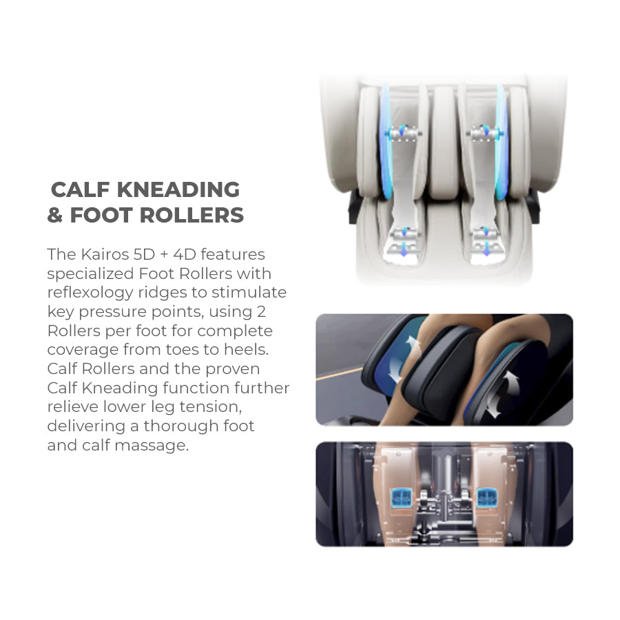 Osaki Kairos Duo 5D+4D Massage Chair calf kneading and foot rollers with reflexology ridges from Wish Rock Relaxation.