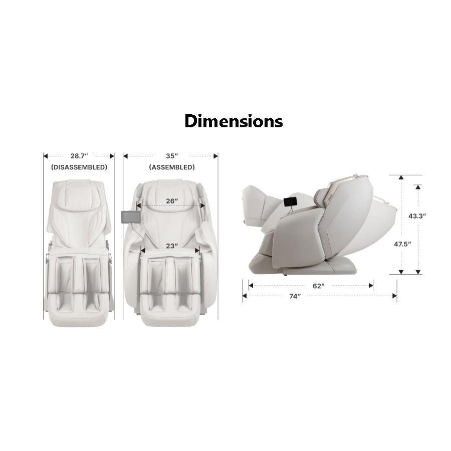 Osaki Atlas XL 4D Massage Chair shown with assembled and reclined dimensions labeled for space planning from Wish Rock Relaxation.