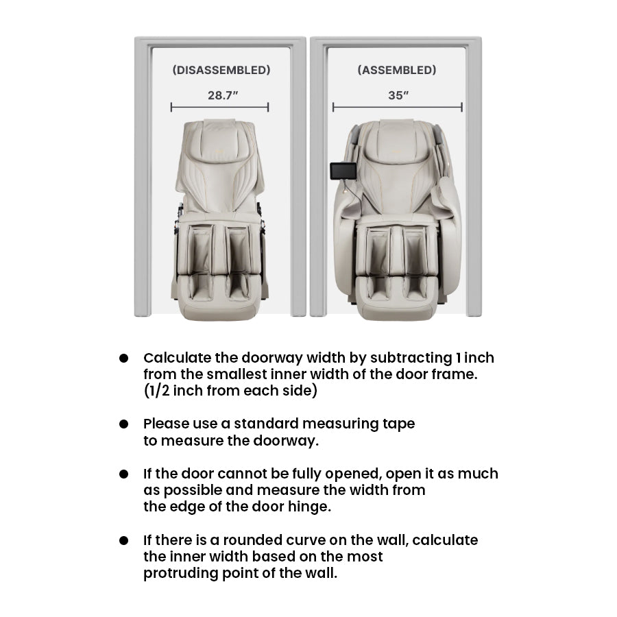 Osaki Atlas XL 4D Massage Chair with illustrated doorway width requirements for easy delivery and installation from Wish Rock Relaxation.