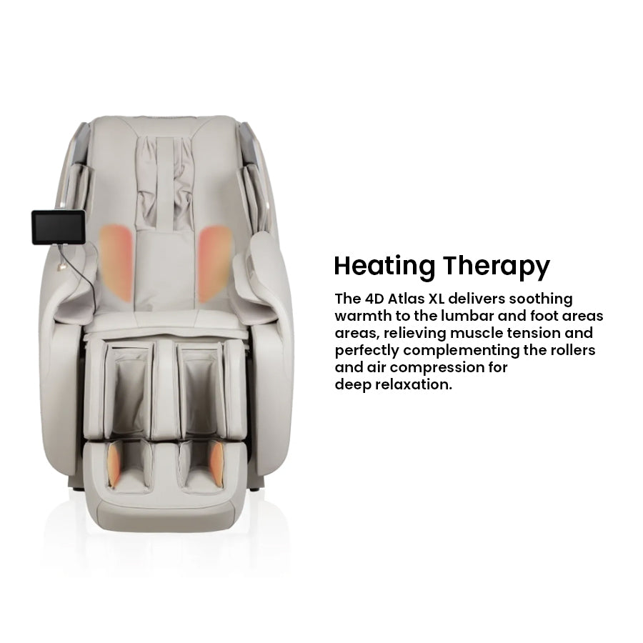Osaki Atlas XL 4D Massage Chair highlighting lumbar and foot heat therapy zones for deeper muscle relaxation from Wish Rock Relaxation.