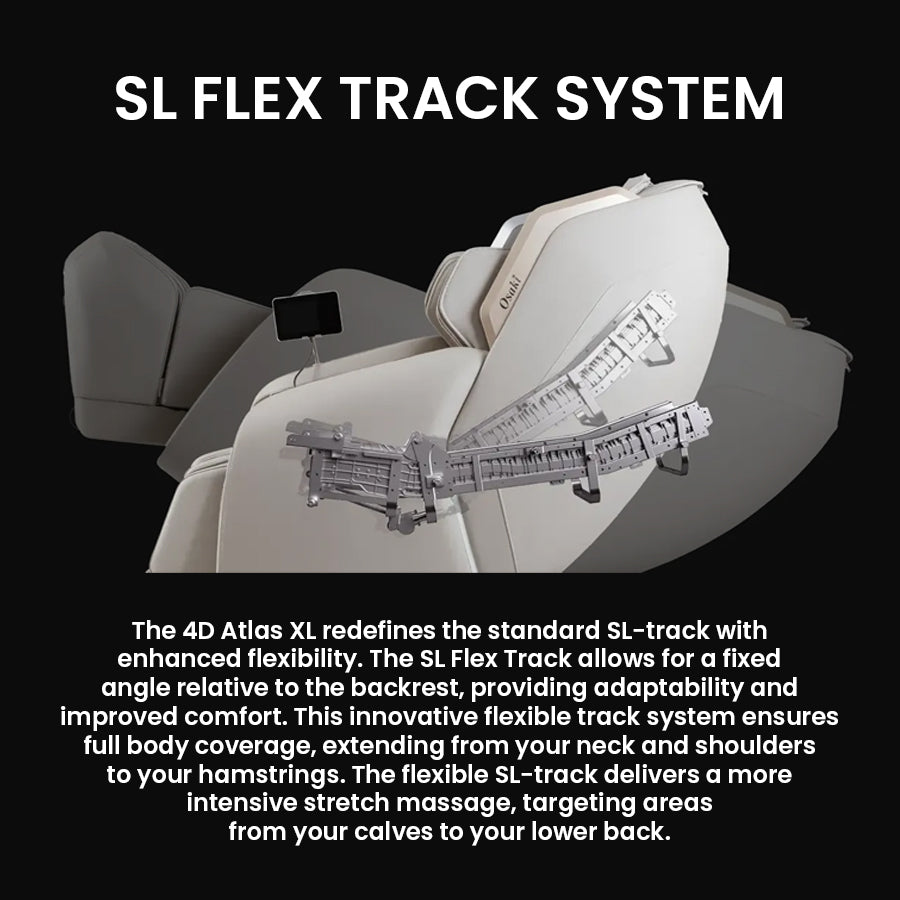 Osaki Atlas XL 4D Massage Chair showcasing flexible SL-track for full-body coverage from neck to hamstrings from Wish Rock Relaxation.