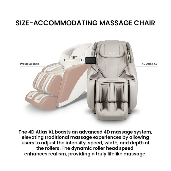 Osaki Atlas XL 4D Massage Chair comparison image highlighting wider shoulder width for larger body types from Wish Rock Relaxation.