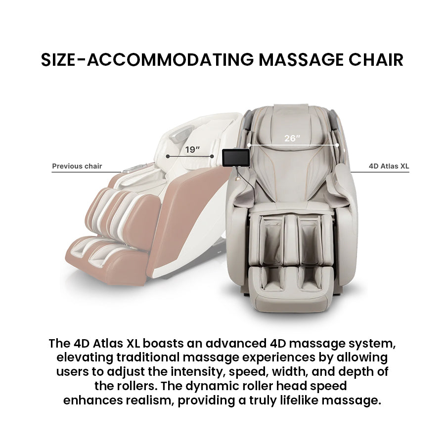 Osaki Atlas XL 4D Massage Chair comparison image highlighting wider shoulder width for larger body types from Wish Rock Relaxation.