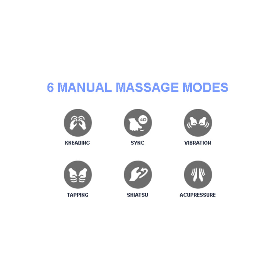 Osaki Trion Flex Duo Massage Chair highlighting 6 manual massage techniques including kneading, shiatsu, and 4D sync from Wish Rock Relaxation.