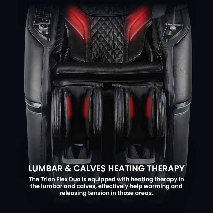 Osaki Trion Flex Duo 4D+3D Massage Chair in black. Front view showing red-lit heating zones in back and calves.