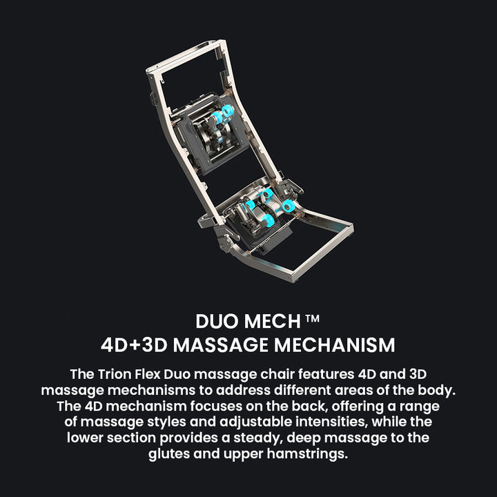 Osaki Trion Flex Duo 4D+3D Massage Chair in black. Internal view of dual-track 4D+3D roller mechanism with precision massage components.