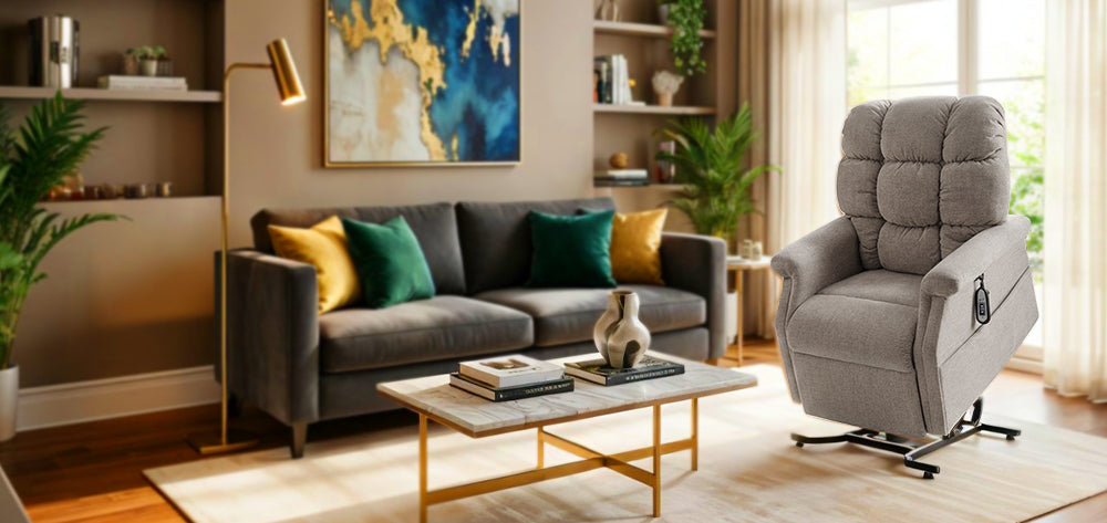 UltraComfort UC480 Aurora Small 1 Zone 3-Position Lift Chair (400lbs) in anchor fabric displayed in a cozy modern living room with gray sofa, gold accents, and natural light from Wish Rock Relaxation