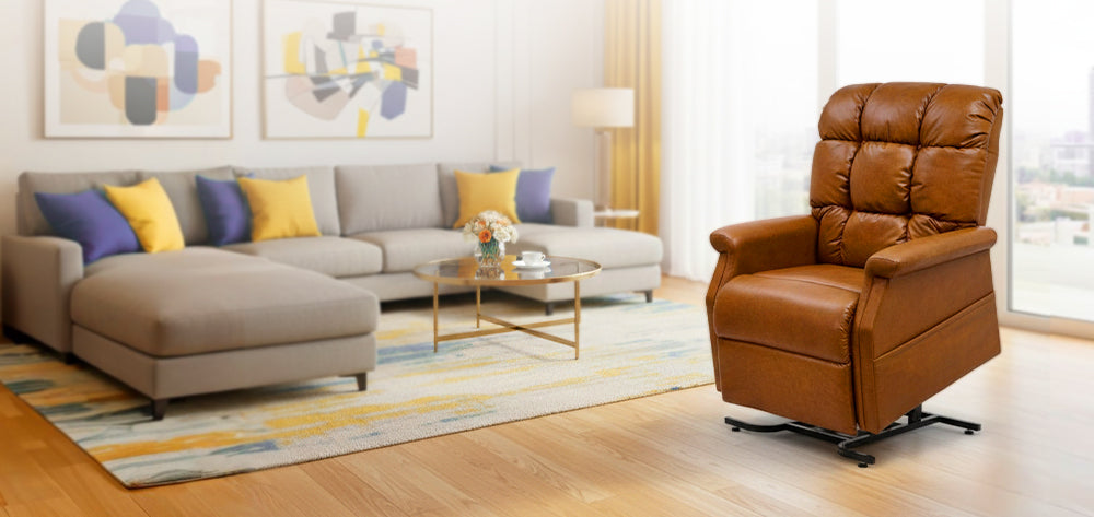 UltraComfort UC480 Aurora Large 1 Zone 3-Position Lift Chair (400lbs) in brown faux leather staged in a cozy living room with a gray sectional and colorful contemporary rug from Wish Rock Relaxation