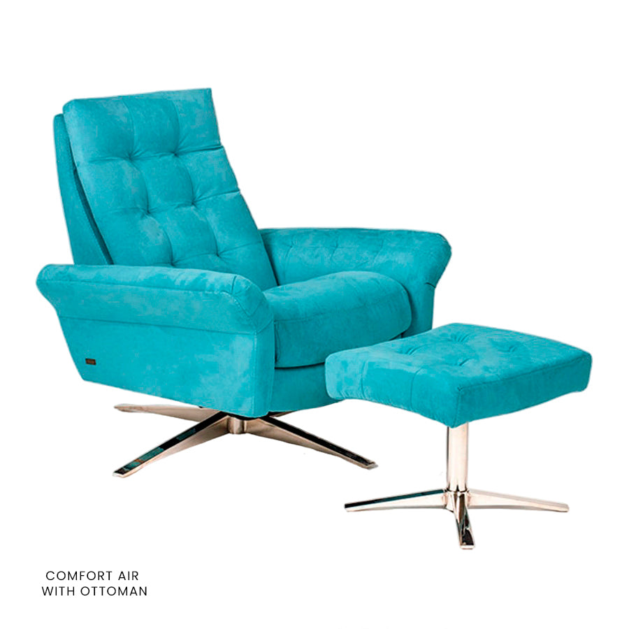 American Leather Pileus Comfort Air chair in teal with matching ottoman on four-star base.