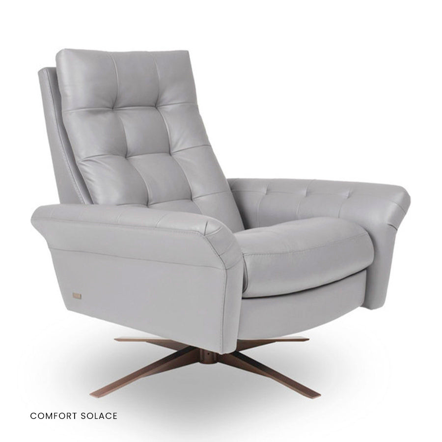 American Leather Pileus Comfort Solace recliner in light gray with tufted back on four-star base.