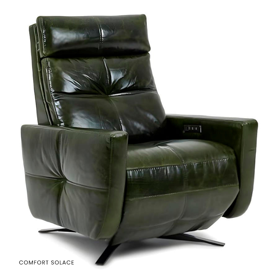 American Leather Rainier Comfort Solace recliner in green with tufted back on four-star base.