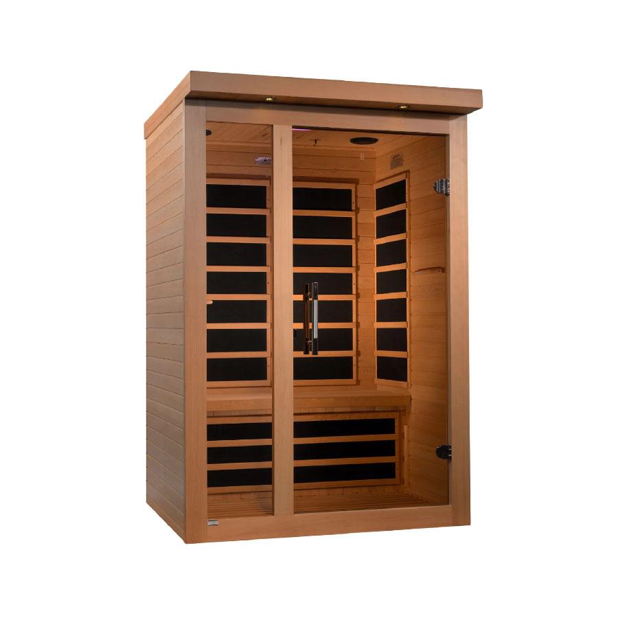Dynamic Llumeneres 2-Person Ultra Low EMF FAR Infrared Sauna - Canadian Hemlock exterior and full-glass door at side angle.