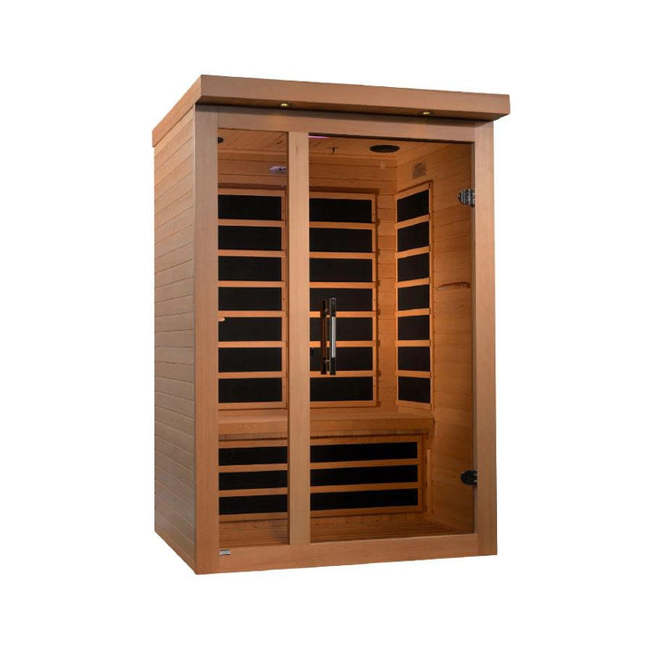 Dynamic Llumeneres 2-Person Ultra Low EMF FAR Infrared Sauna - Canadian Hemlock exterior and full-glass door at side angle.
