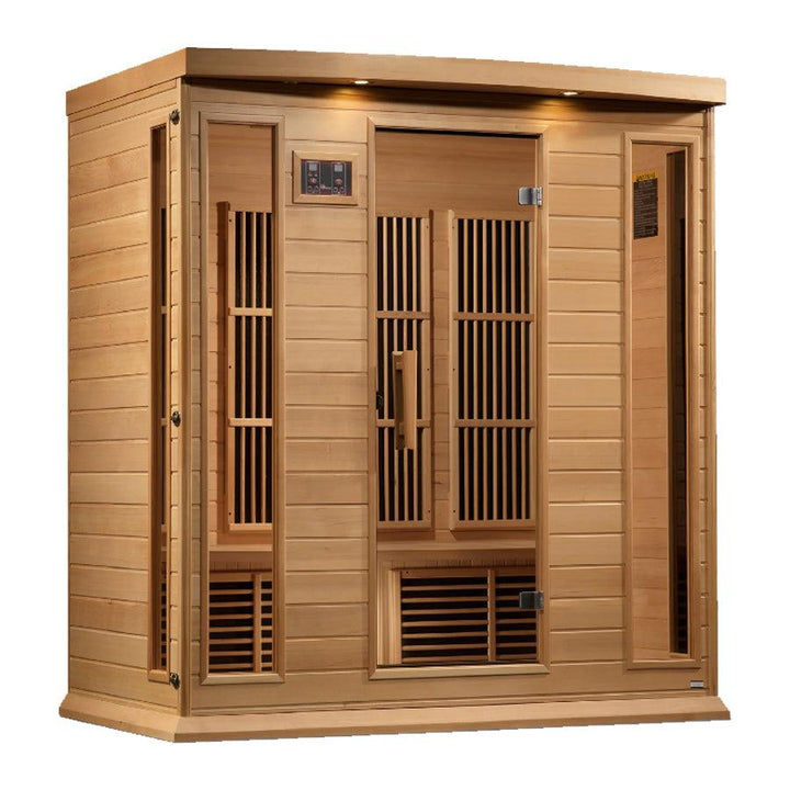 Maxxus 4 Person Corner Near Zero EMF FAR Infrared Sauna - Canadian Hemlock - Wish Rock Relaxation