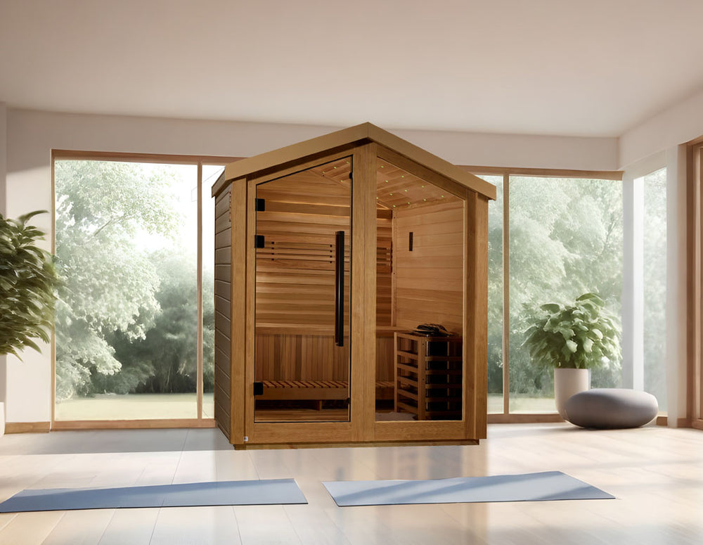 Golden Designs "Savonlinna" 3 Person Outdoor Traditional Sauna in Canadian red cedar placed in a serene sunroom  from Wish Rock Relaxation 