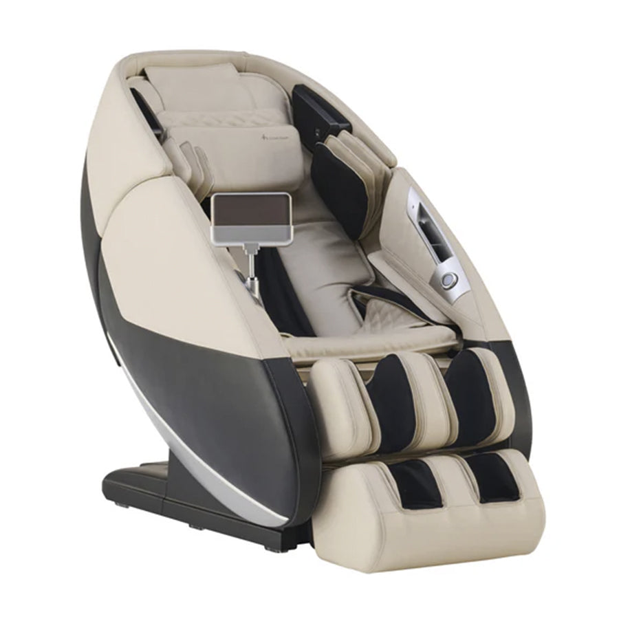 Human Touch Super Novo 3.0 massage chair in cream angled view with footrest from Wish Rock Relaxation.
