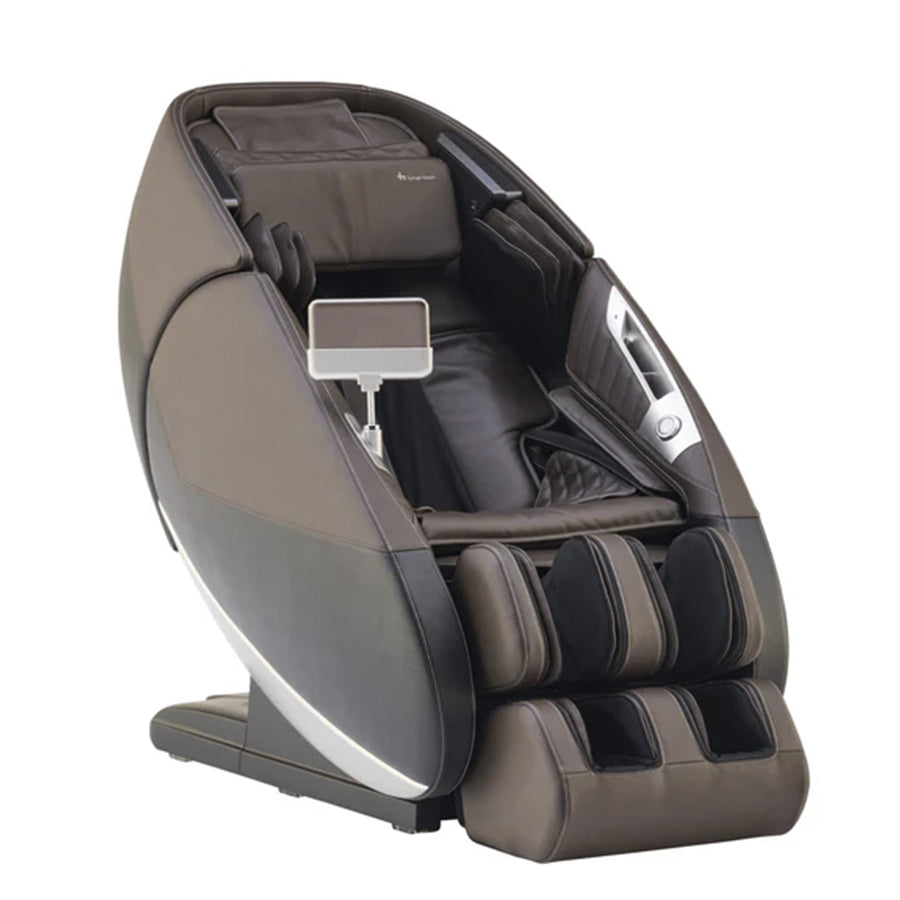 Human Touch Super Novo 3.0 massage chair in espresso angled view with touchscreen controller from Wish Rock Relaxation.