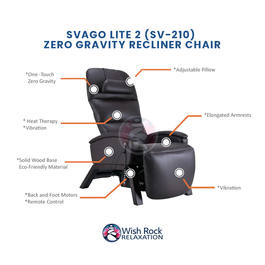 Svago Lite 2 (SV-210) Zero Gravity Recliner Chair detailed feature infographic from Wish Rock Relaxation