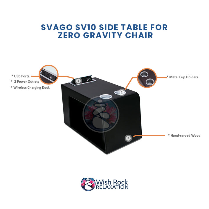 Svago SV10 Side Table for Zero Gravity Chair detailed feature infographic from Wish Rock Relaxation.
