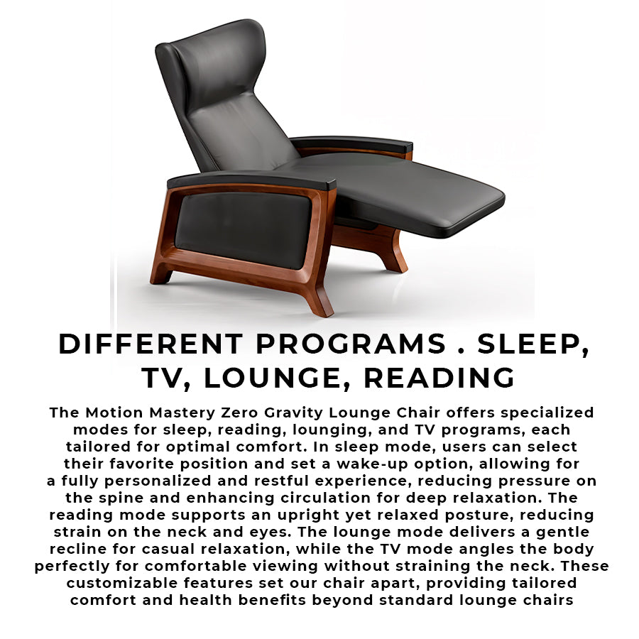 Svago Motion Mastery Lounge Chair (SV700) shown in lounge position highlighting programs for sleep, TV, lounge, and reading from Wish Rock Relaxation.