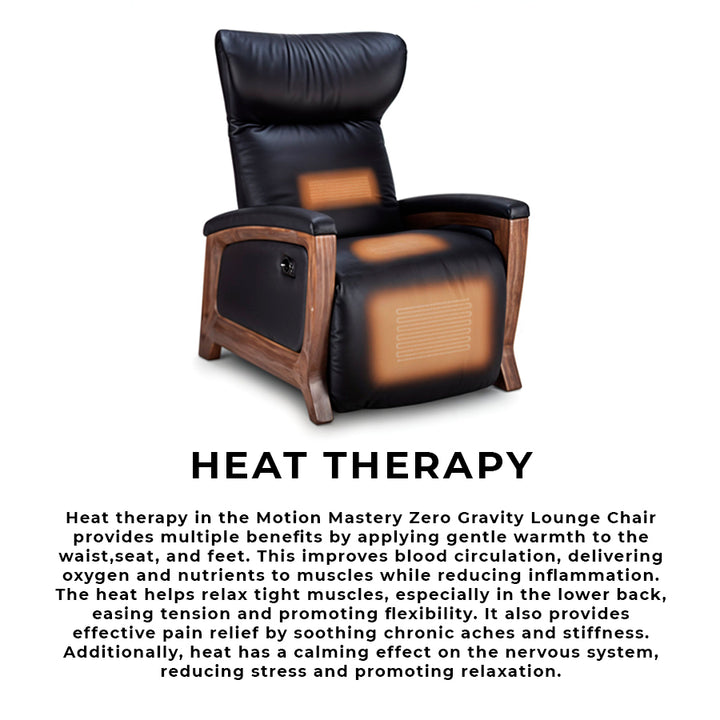 Svago Motion Mastery Lounge Chair (SV700) with heated lumbar and seat zones illustrating heat therapy benefits from Wish Rock Relaxation.