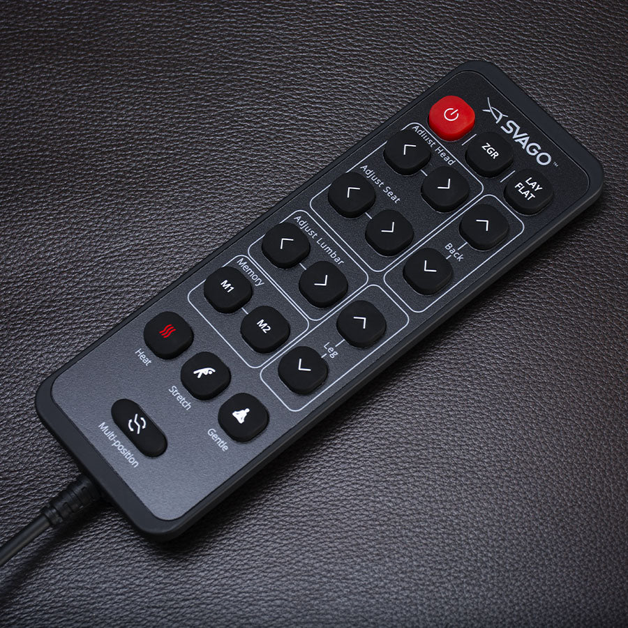 Svago Motion Mastery Lounge Chair (SV700) wired remote control featuring buttons for heat, recline, and memory settings.