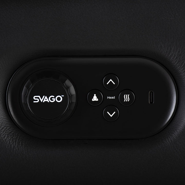 Svago Motion Mastery Lounge Chair (SV700) quick-action side control panel with heat and head adjustment buttons.