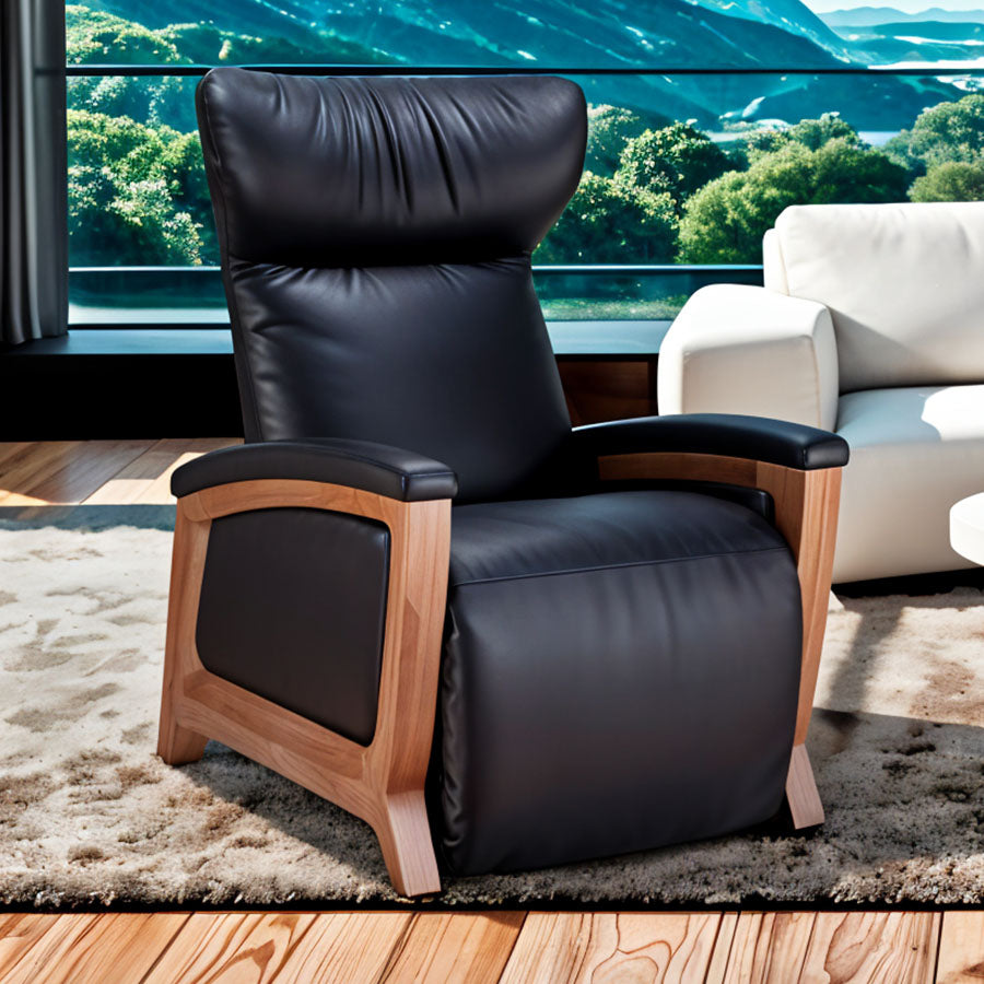 in black leather and wood finish placed in a modern living room with mountain view from Wish Rock Relaxation.