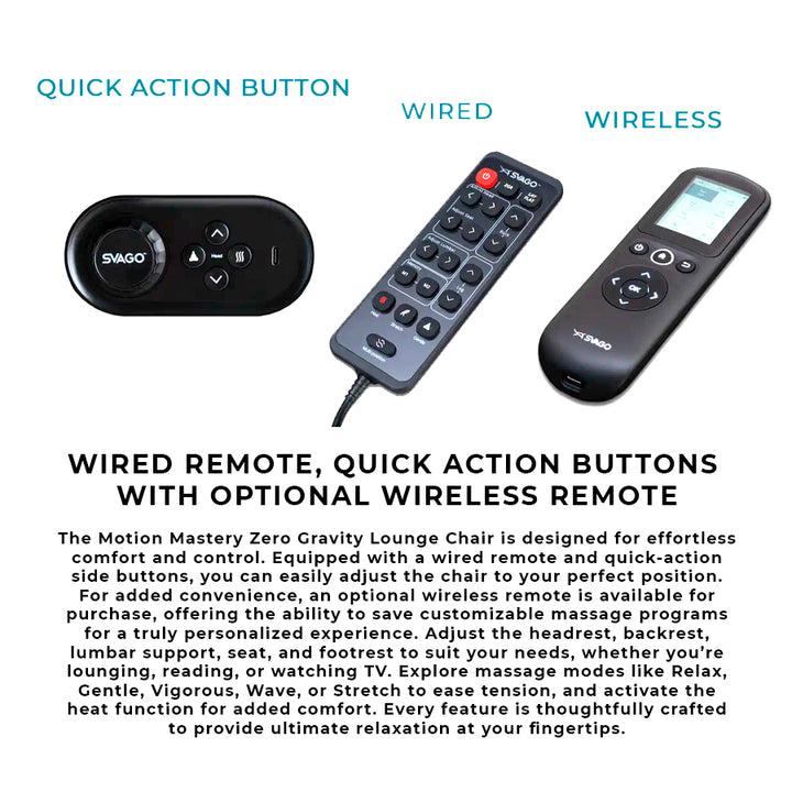 Svago Motion Mastery Lounge Chair (SV700) wired, wireless, and side remotes comparison showing control options from Wish Rock Relaxation.