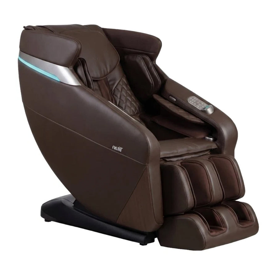 Brown Titan Forma 3D+2D massage chair shown at a 3/4 angle on a white background