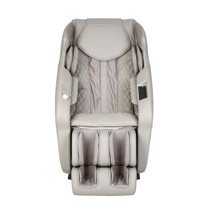Taupe Titan Forma 3D+2D massage chair shown from a front 3/4 angle on a white background