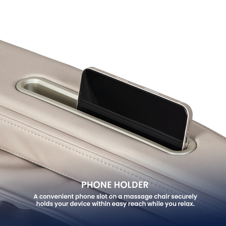 Titan Grande XL 3D Massage Chair with built-in phone holder conveniently securing a smartphone for easy access during massage from Wish Rock Relaxation.