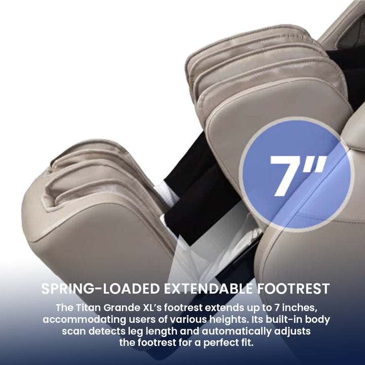 Titan Grande XL 3D Massage Chair showing spring-loaded footrest that extends 7 inches for custom leg support from Wish Rock Relaxation.