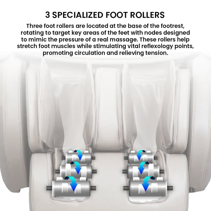 Titan Grande XL 3D Massage Chair footrest with 3 rotating foot rollers designed to mimic deep reflexology massage from Wish Rock Relaxation.
