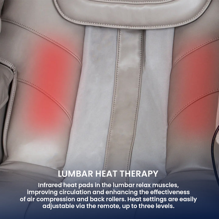 Titan Grande XL 3D Massage Chair with infrared lumbar heat therapy highlighted, showing targeted heat zones for muscle relaxation from Wish Rock Relaxation.