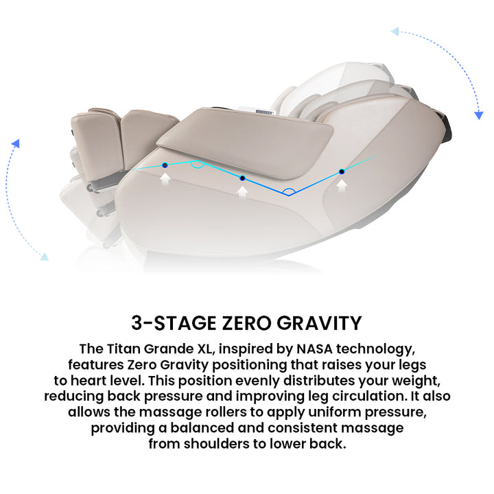 Titan Grande XL 3D Massage Chair in reclined zero gravity position with NASA-inspired design for weightless pressure relief from Wish Rock Relaxation.
