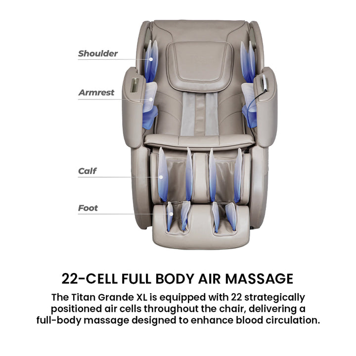 Titan Grande XL 3D Massage Chair showing 22 air cells positioned at shoulders, arms, calves, and feet for full-body massage from Wish Rock Relaxation.
