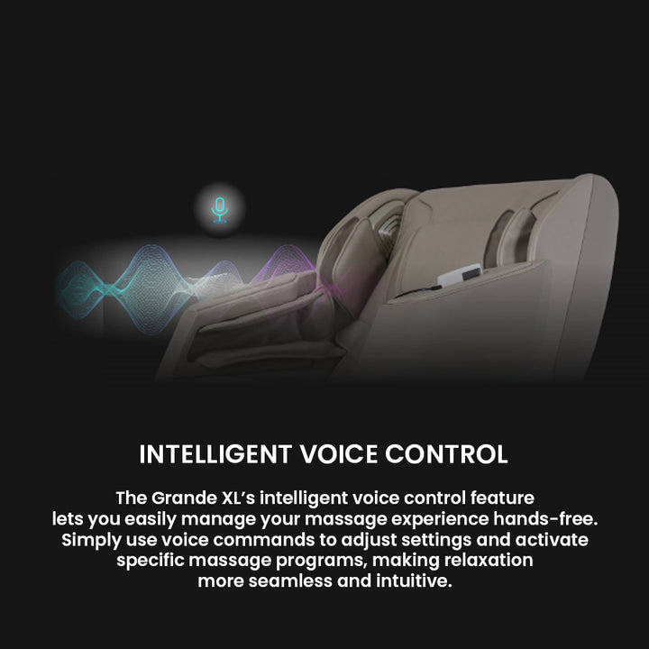 Titan Grande XL 3D Massage Chair feature image showing voice control capability for hands-free massage adjustments from Wish Rock Relaxation.
