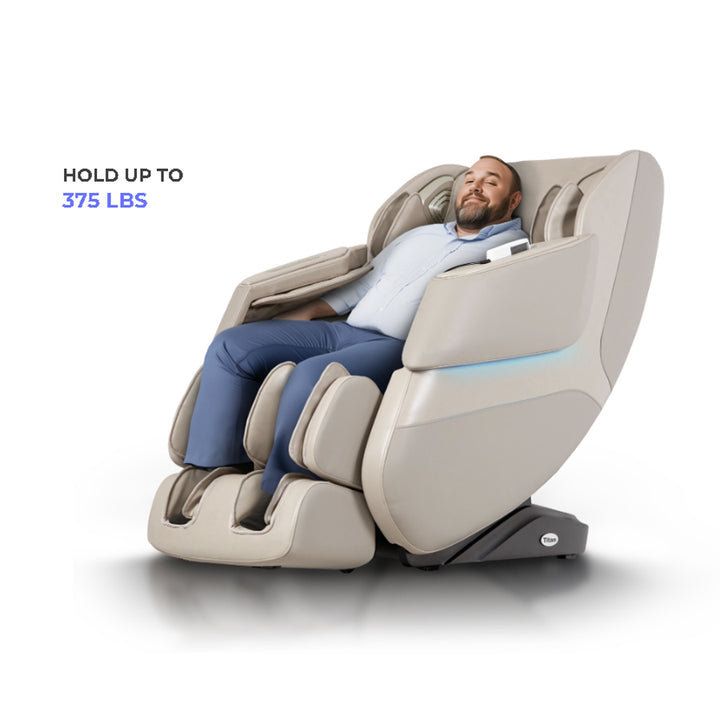 Titan Grande XL 3D Massage Chair holding a relaxed person, designed to support users up to 375 lbs from Wish Rock Relaxation.