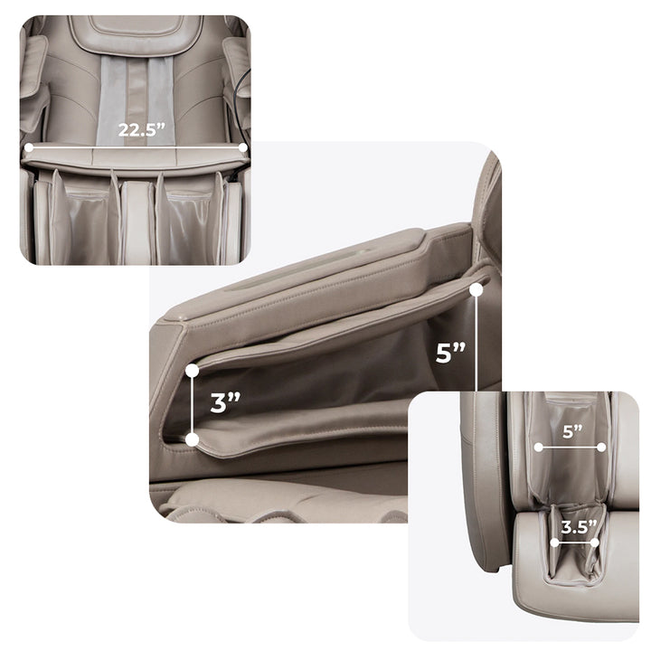 Titan Grande XL 3D Massage Chair with detailed measurements of seat width, calf width, and armrest opening from Wish Rock Relaxation.